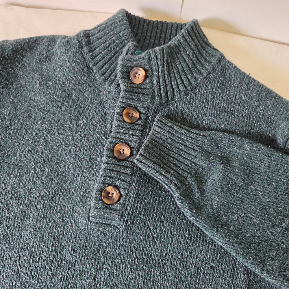 Izod Mens Forest Green Marled Mock Neck Button‎ Pullover Sweater Medium
